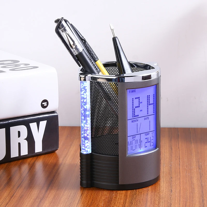 Digital LCD Desk Alarm Clock Pen Holder Mesh Pen Pencil Holder With LED Light Pens Rulers Office Desk Organizer new abs multi functions digital desk pen pencil holder display lcd alarm clock thermometer