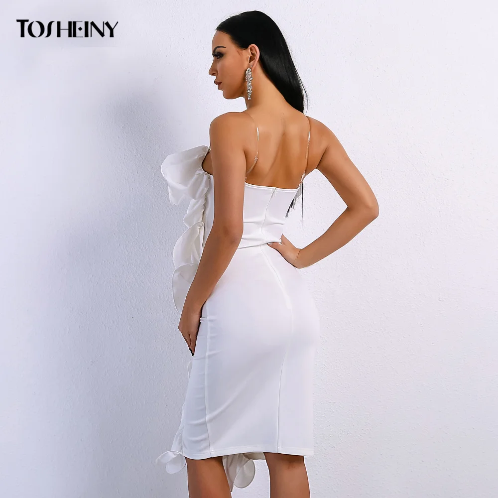 

Tosheiny 2020 Sexy Strapless Ruffles Bodycon Midi Dresses Solid Color Backless Elegant Knee Length Female Dress Vestidos TH9078