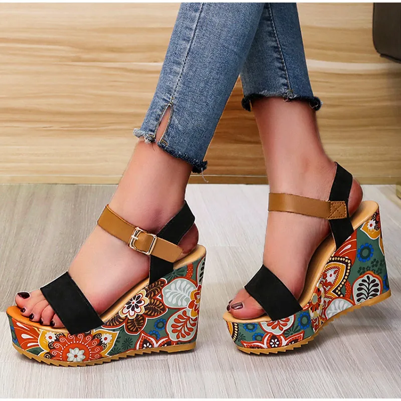 

Women Sandals Shoes Printing Slope Heel High Waterproof Platform Ladies Ankle Strap Female Round Toe Summer Fashion Colorful