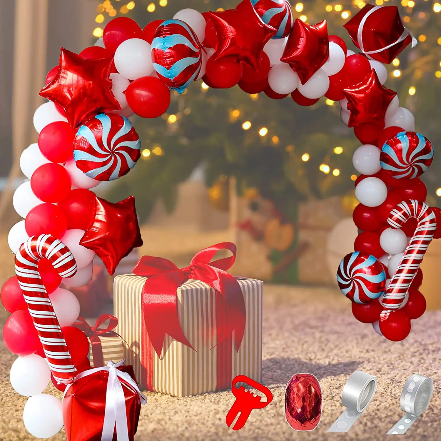 142Pcs Christmas Balloon Garland Arch kit Red White Candy Star Balloons Gift Box for Party Decor | Дом и сад