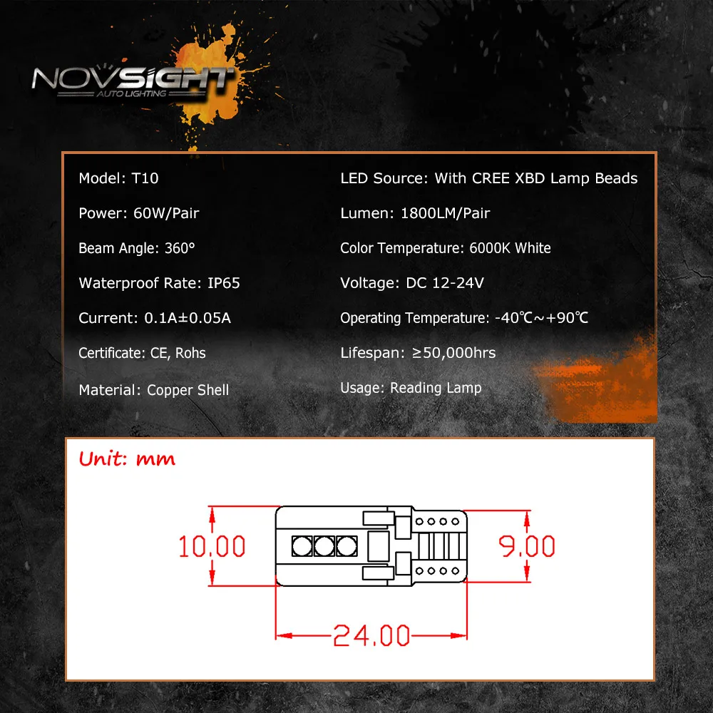 NOVSIGHT T10 1800lm медный Теплопроводящий Автомобильный светодиодный светильник