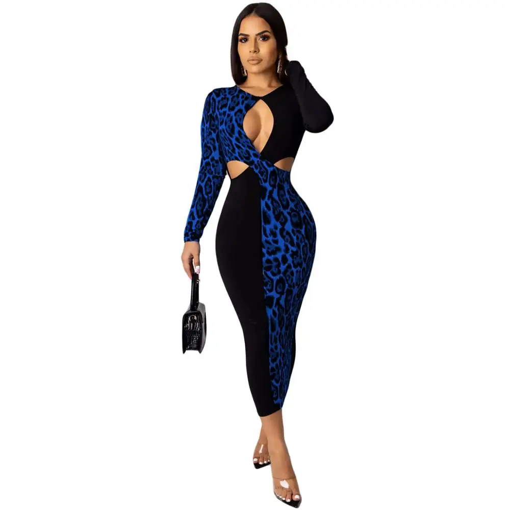 

Spring Women Bodycon Midi Dress High Waist Leopard Print Patchwork Sexy Casual Club Night Bandage Hollow Party Dresses