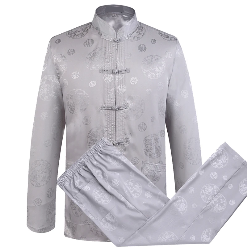 Gray Chinese Dragon Men's Tang Suit Sets Long Sleeve Shirt Long Pants Dragon Kung Fu Suit High Quality Silk Wu Shu Tai Chi Sets