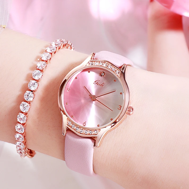 

Часы GEDI женские кварцевые с градиентом, роскошные брендовые модные водонепроницаемые повседневные наручные, с кожаным ремешком, розовые