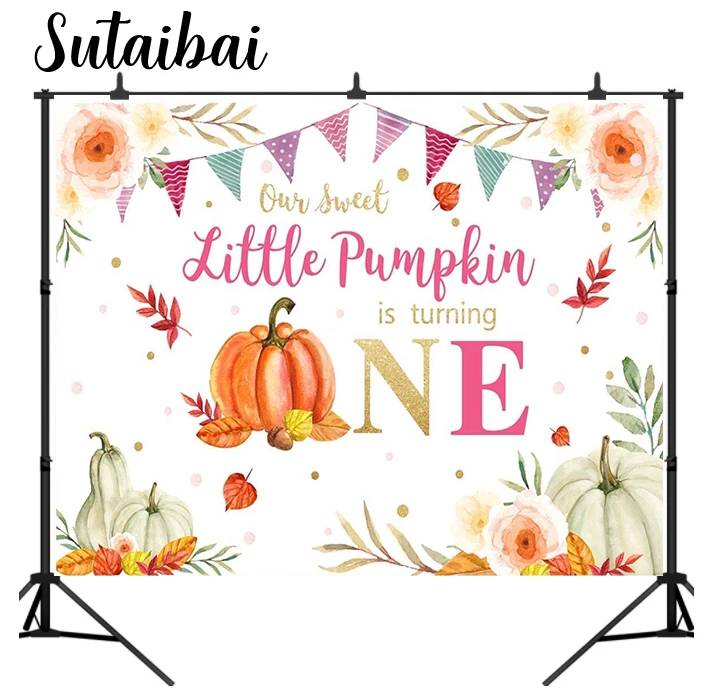 

Our Little Pumpkin Is Turning One Backdrop 7x5ft Fall Autumn Floral 1st Birthday Party Banner Boy Girl Bday Decoration