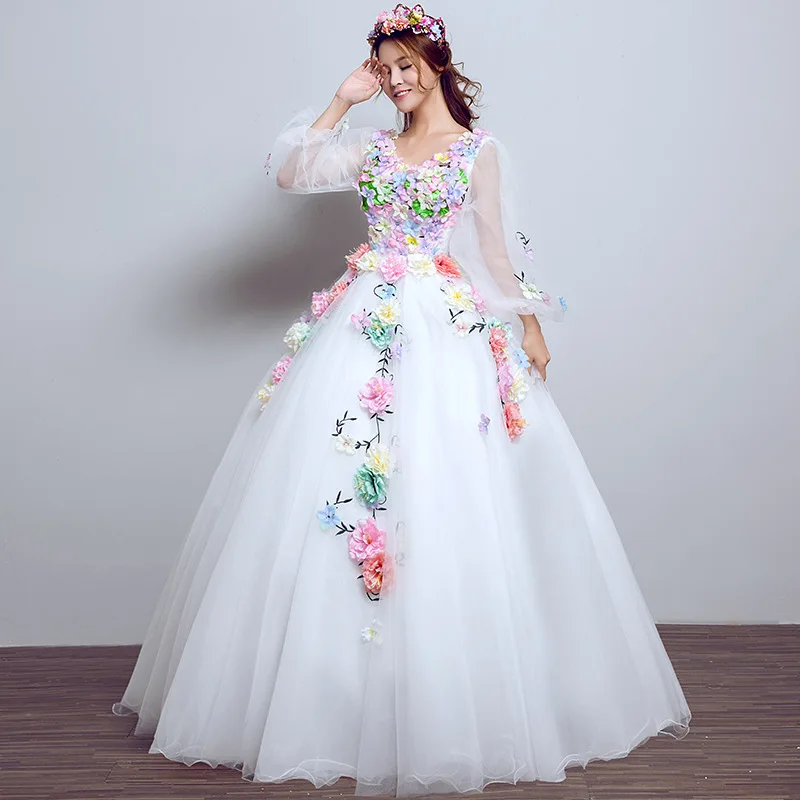 

3/4 White Long Sleeve Quinceanera Dresses Vestido 15 Anos Robe De Bal Ball Gown Flower Women Lavendar Color Dress Sweet 16 Dress