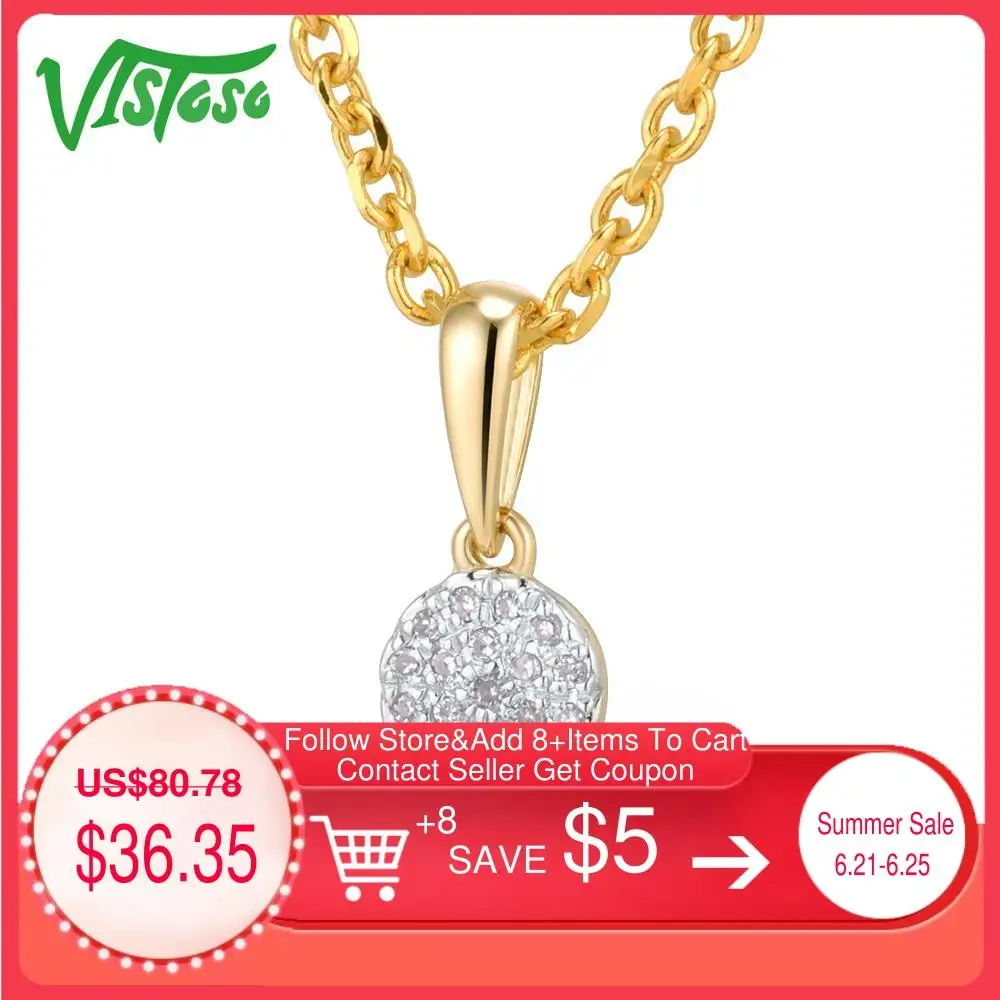 

VISTOSO Gold Pendants For Women Authentic 14K 585 Yellow Gold Small Round Circle Sparkling Diamond Necklace Pendant Fine Jewelry