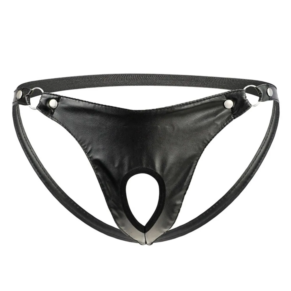 

Men'S Sexy Underwear Artificial Leather Metal Ring Thong Jock Strap Underpants Jockstrap Panties Buttocks Hollow Thongs Erotic
