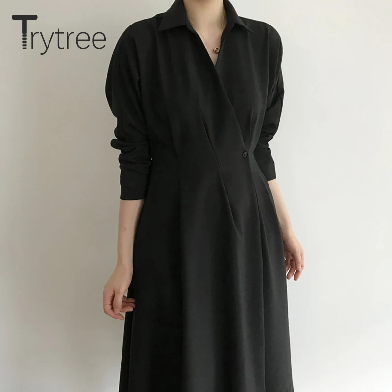 Осень зима 2020 женское Повседневное платье трапеция Trytree с отложным воротником