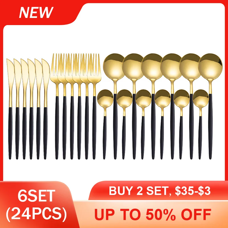 

24Pcs/6Set Stainless Steel Dinner Black Gold Dinnerware Knife Fork Coffee Spoon Cutlery Set Kitchen Tableware Silverware Sets