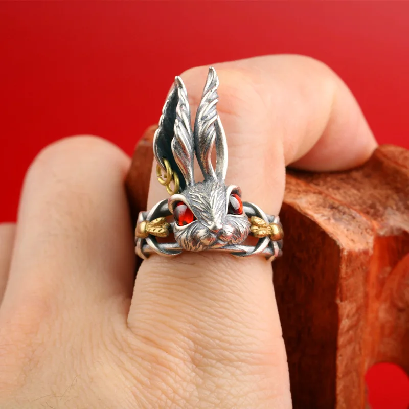 

Retro 925 Sterling Silver Alice Rabbit Ring Big Ear Rabbit Adjustable Jewelry For Women Men Punk Gothic Party Cosplay Props Gift