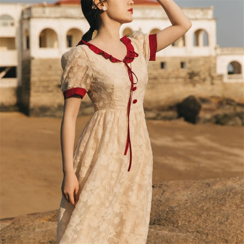 

French Vintage Romantic Mid-Length Dress Summer Women Puff Sleeve A Line Dresses High Waist O Neck Jacquard Ladies Dress 2021
