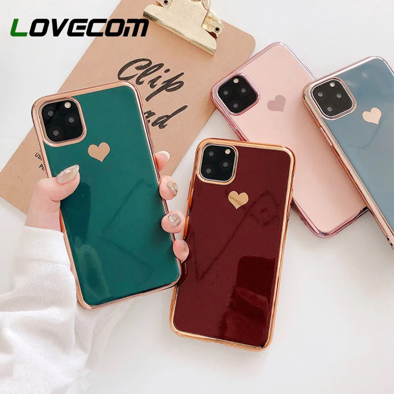 Чехол LOVECOM с гальваническим покрытием и сердечком для iPhone 11 Pro Max XR XS Max 6 6S 7 8 Plus, милый однотонный Мягкий ТПУ чехол для задней панели телефона в подарок