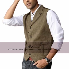 Men's 5 Button Herringbone Tweed Tailored Collar Suit Vest 2 Pockets Casual Victorian Style (2)