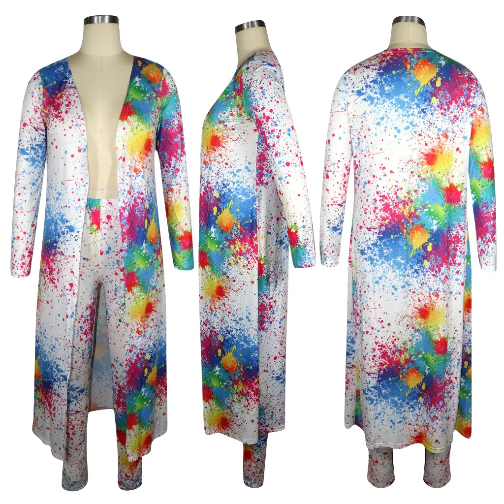 

2020 Summer Women Suit Simple Style Solid-color Graffiti Print Long Sleeves Coat & Trousers European and American 2 Piece Set