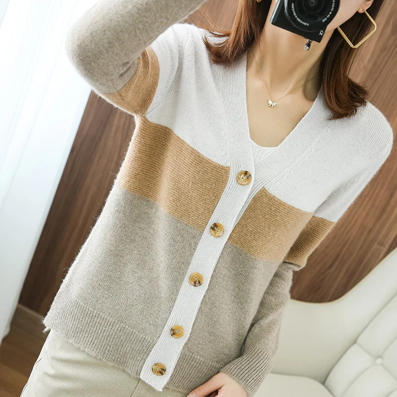 

Cashmere sweater 2021 autumn and winter new ladies V-neck pure wool sweater fashion striped Large size warm knitted tops Female