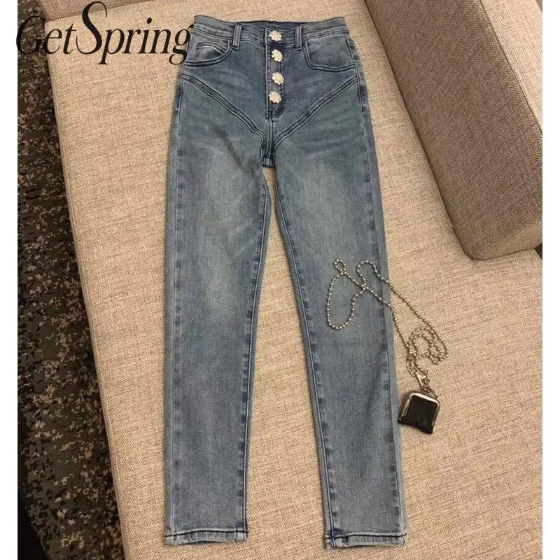 Getвесенние женские джинсы синие с высокой талией эластичные длинные джинсовые