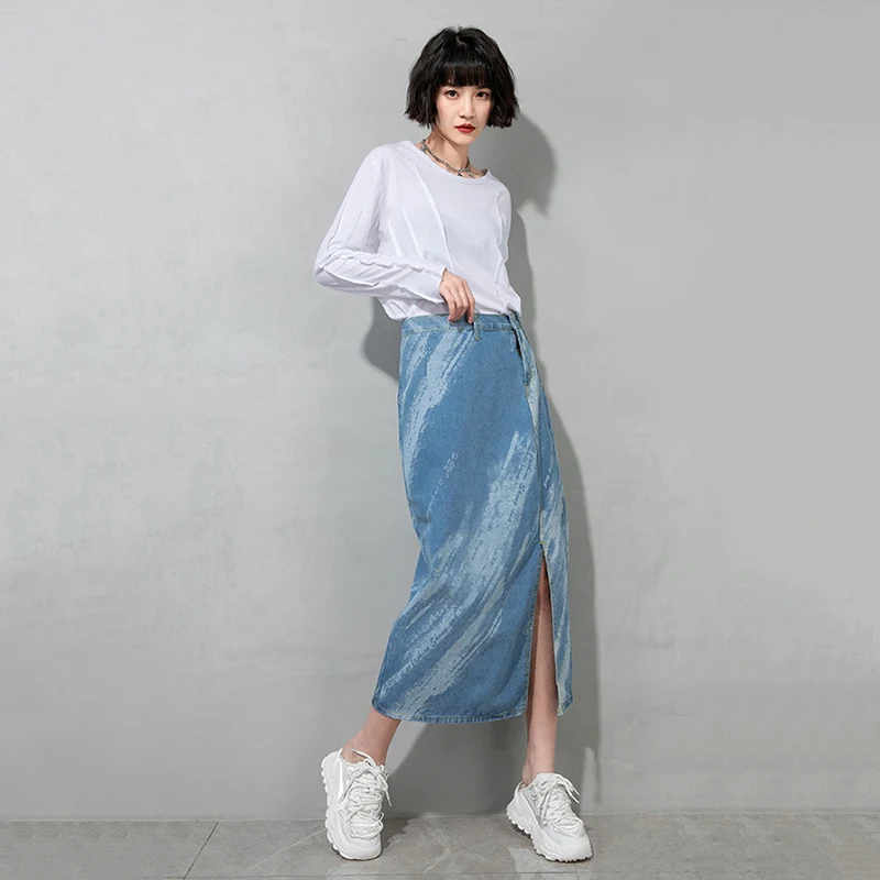

CHICEVER Denim Skirt For Women High Waist Tie Dye Hit Color Split Pockets Plus Size A Line Mid Skirts Female 2021 Spring Clothes