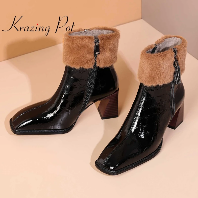 

Krazing Pot cow leather snow boots winter keep warm square toe high heels gentlewomen streetwear fashion solid ankle boots L38