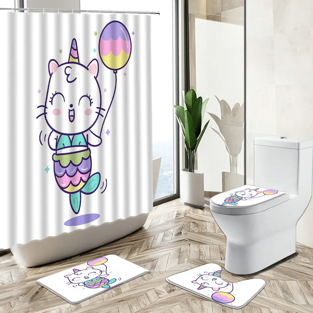 Offerte Cartoon Unicorn Dolphin Design Tenda Per Doccia Simpatico Animale Arcobaleno Kid Decorazioni Per Il Bagno Tappeto Antiscivolo Copriwater Tappetino Da Bagno Set Regalo