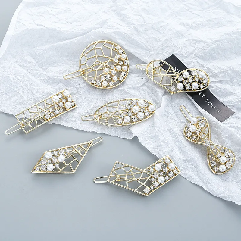 Блестящие заколки для волос полые Стразы жемчужные женщин милые геометрические