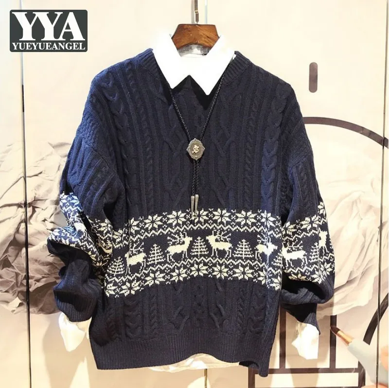 

Spring Autumn Fashion Loose Fit Mens Sweater Vintage Jacquard O-Neck Pullover College Style Casual Knitting Pullover Sweater Top
