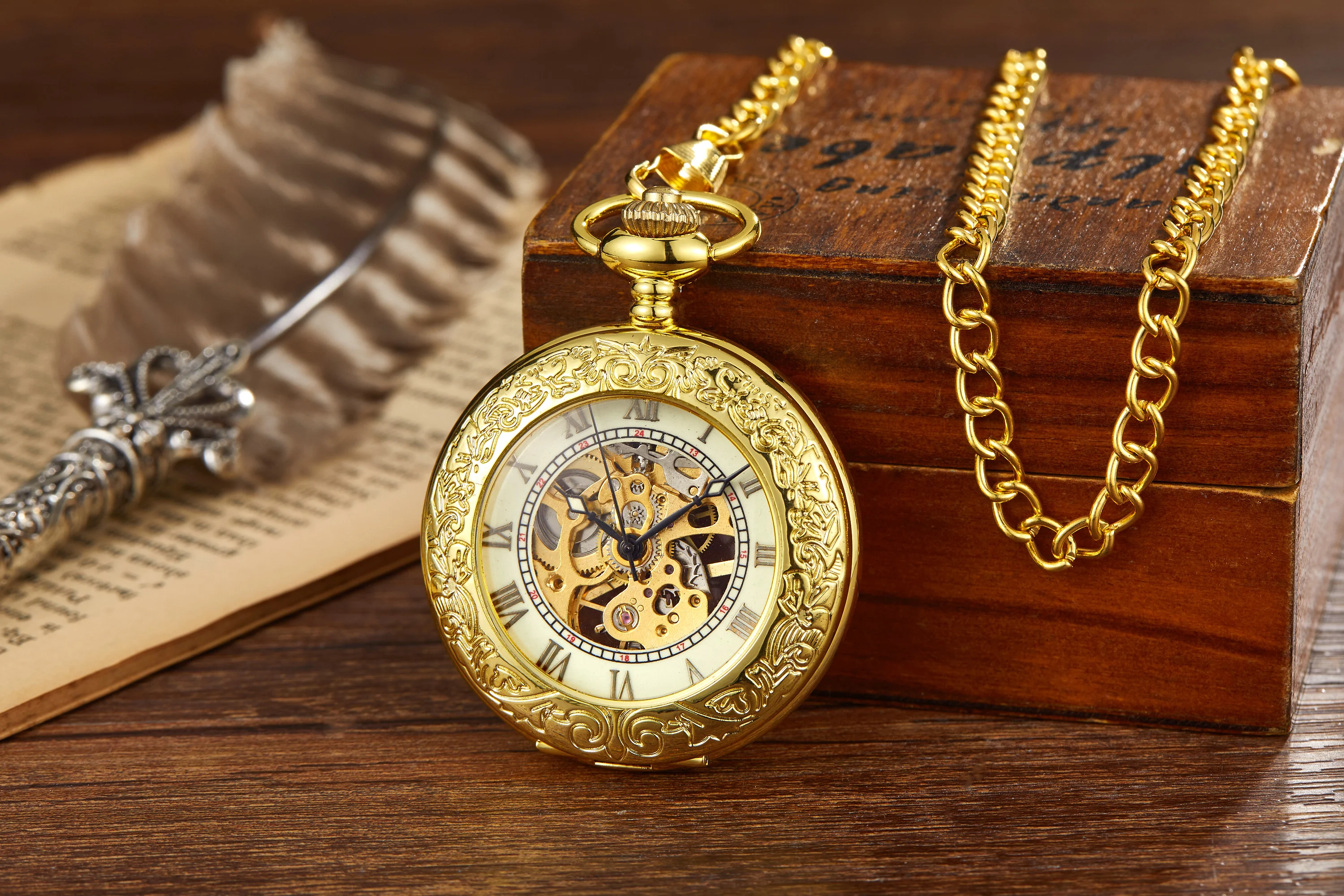 Top Brand Luxury Antique Gold Pocket Watch FOB Chain Necklace Pendants Roman Numerals Watch Gift