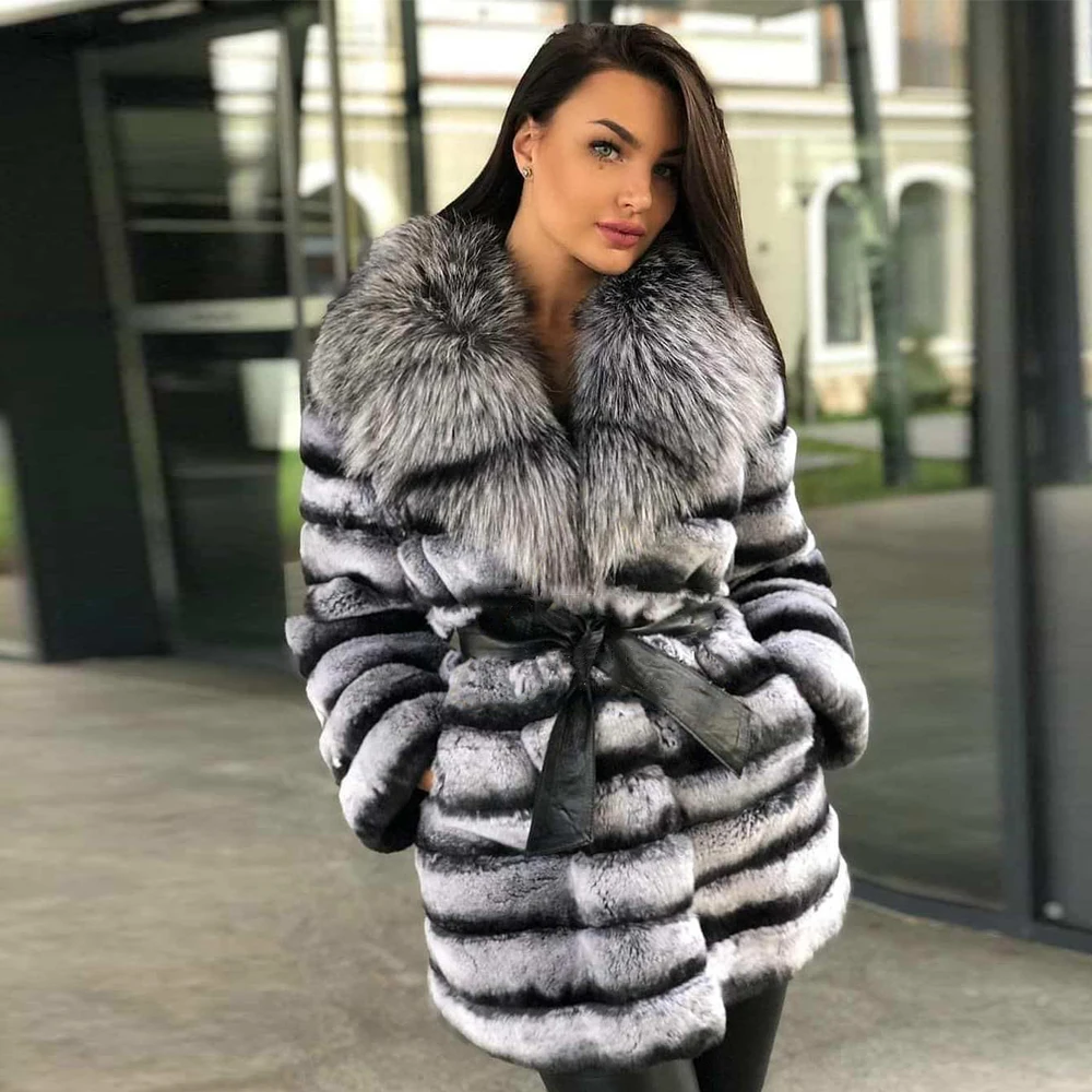 Medium Length Real Rex Rabbit Fur Coat with Silver Fox Fur Turn-down Collar Natural Rex Rabbit Fur Jacket with Leather Belts
