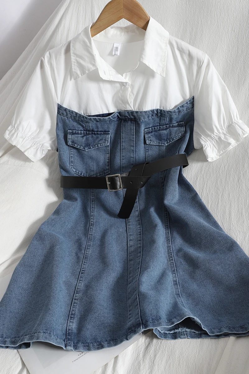 

Fashion casual stitching contrast color lapel puff sleeve fake two-piece dress summer denim dress Korean A-line dress spring
