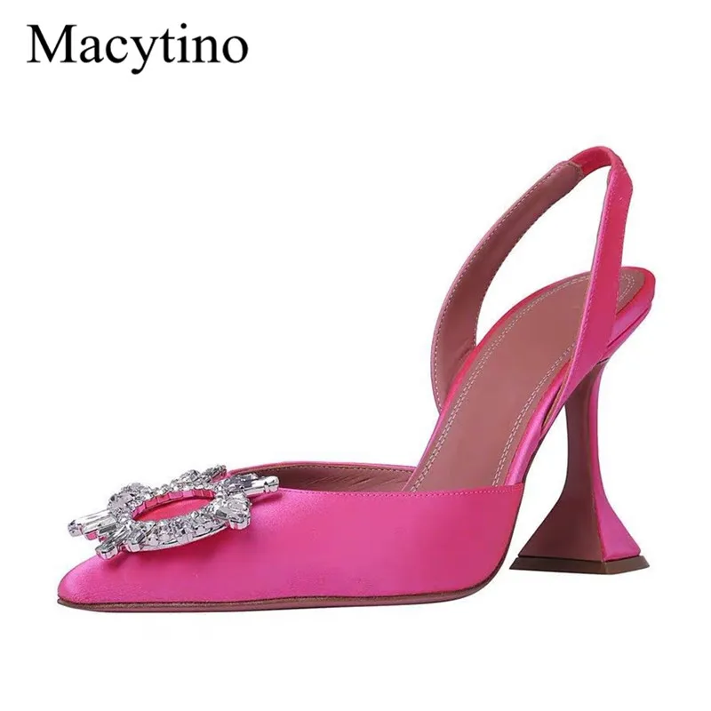 

Formal Ladies Dress Shoes Pink Satin High Heels Pointed toe Crystal Slingbacks Plus Size Wedding Shoes Women
