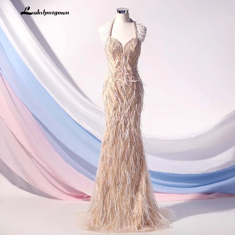

Lakshmigown Couture Halter Feather Evening Dress Long Nude Crystals Beaded Backless Formal Evening Gown Robe De Soiree