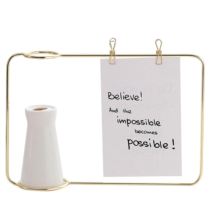 

Ins Nordic Simple Golden Wrought Iron Ceramic Vase ornaments Home Decorative Message Holder Creative Girlfriend Gift