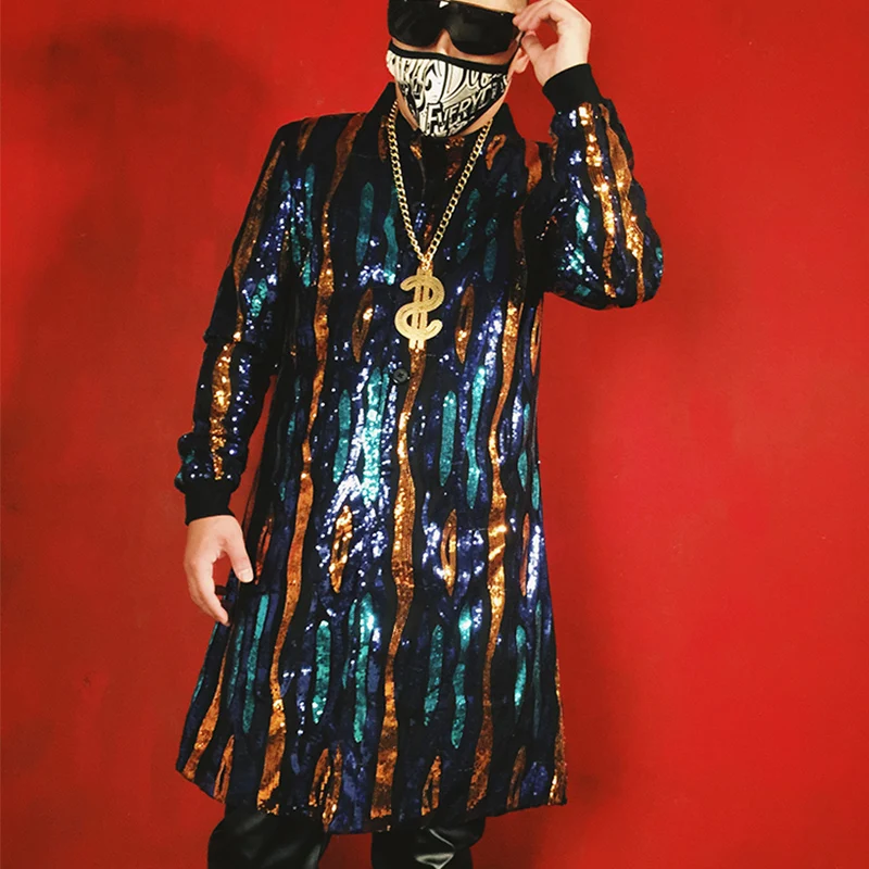 

Custom Made Singer DJ Nightclub Stage Costumes Men Sequin Long Suit Coat Male Retro Fashion Hip Hop Blazer Jacket