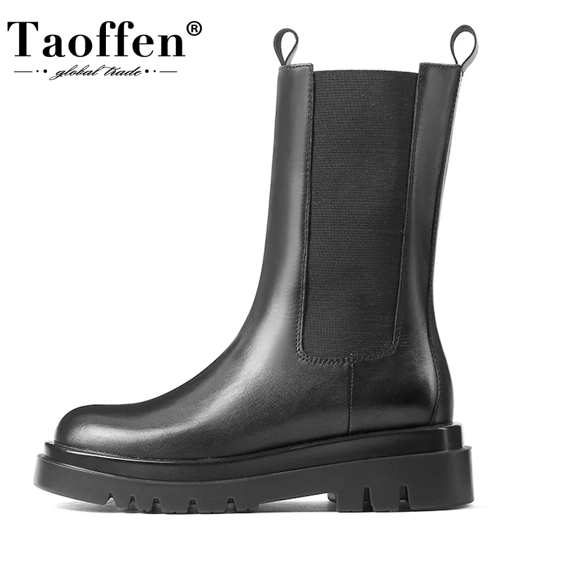 

TAOFFEN New Woman Half Short Boots Flat Heel Real Leather Women Winter Shoes Fashion Cool Woman Daily Footwear Size 34-39