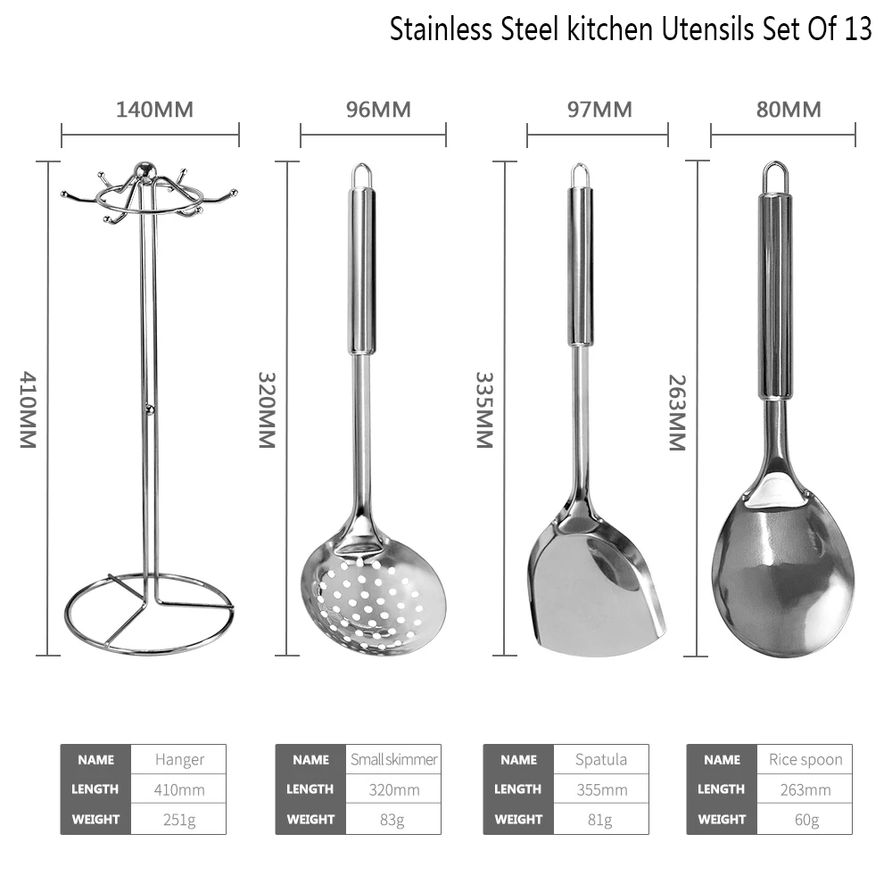 

13pcs Kitchen Utensil Set Stainless Steel Turners Spatula Spoon Shovel Colander Rice Scoop Durable Cooking Tool Set Storage Rack