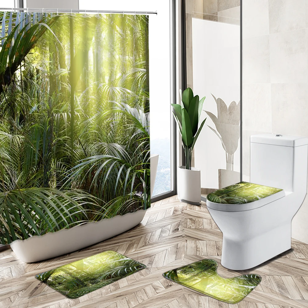 Miglior Foresta Tropicale Alberi Scenario Tenda Da Doccia Set 3D Primavera Sole Pianta Verde Paesaggio Naturale Tappetino Da Bagno Tappeto Copriwater