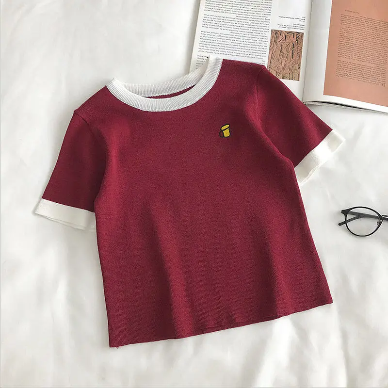 

Korean fashion contrast color stitching round neck short-sleeved blouse women New slim all-match short knit Summer T-shirt girl