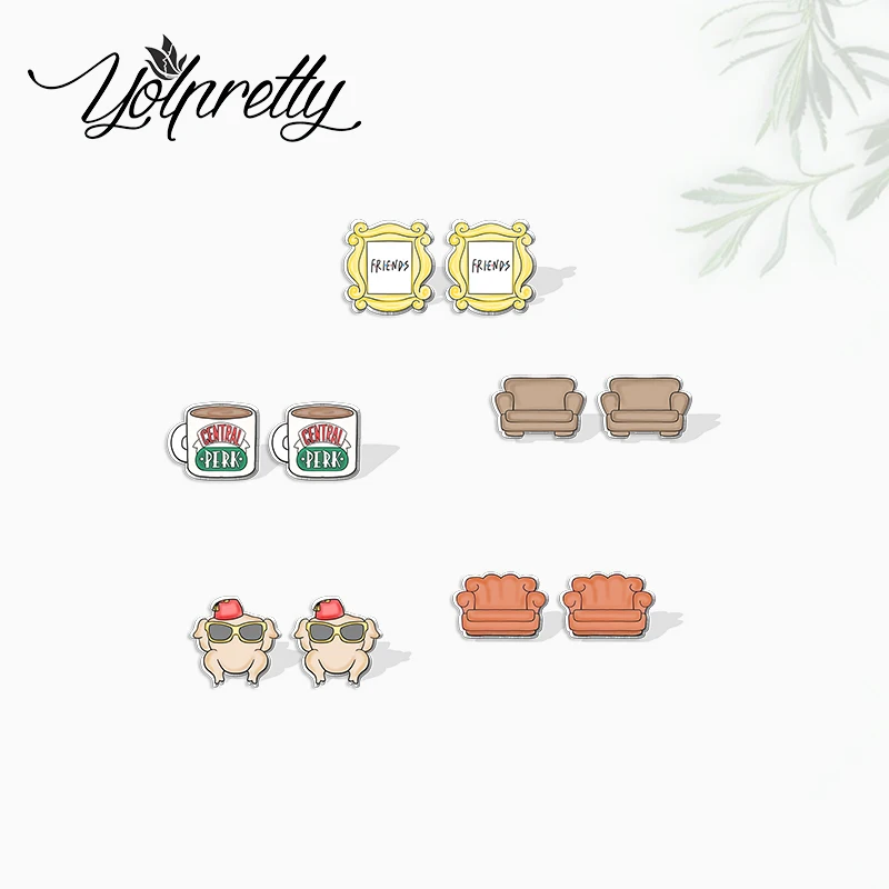 

2021 New Cartoon Classical TV Show Friends Symbolism Handcraft Acrylic Epoxy Stud Earrings