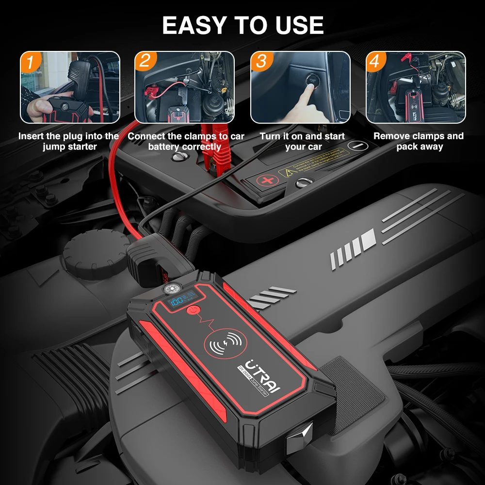 UTRAI 2500A Jump Starter Power Bank Battery Charger 10W Wireless Charging LCD Screen Safety Hammer Car Starting Device images - 6