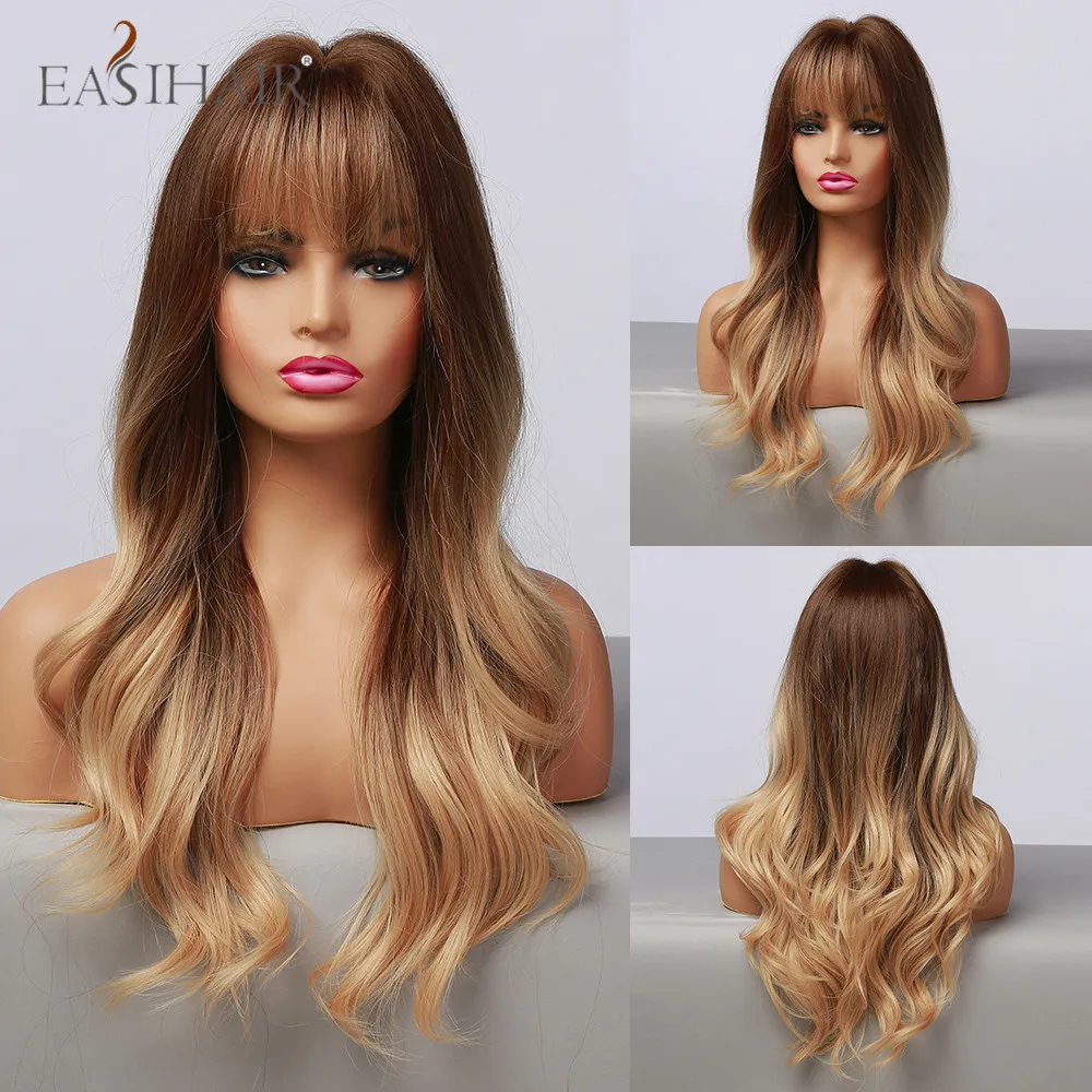

EASIHAIR Ombre Brown Honey Blonde Long Wavy Synthetic Wig with Bangs Cosplay Wigs for Women Party Daily Natural Heat Resistant