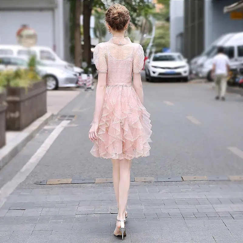 

2021 summer fashion new pink temperament waist bow mesh dress