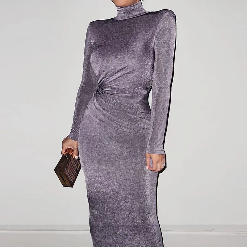 

Women’s Elegant Long Sleeve Skinny Dress 2021 Fashion Solid Color Half High Collar Pleated Long Dress Ladies Party Evening Dress