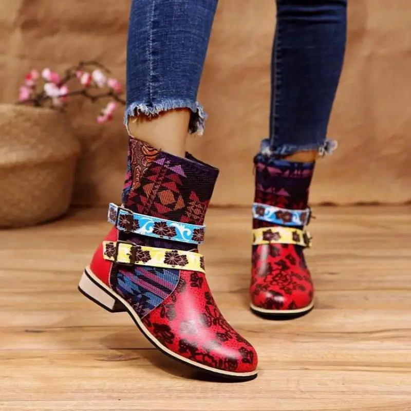 

2021 Retro Ladies Fashion Boots Fringed Cross Lace Printed Patchwork Chain Low Heel Women's Boots Floral Boots