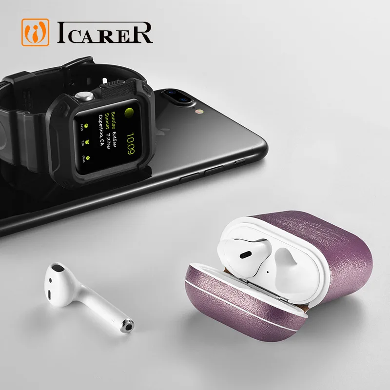 ICARER для Apple Airpods блестящий чехол из натуральной кожи противоударный защитный