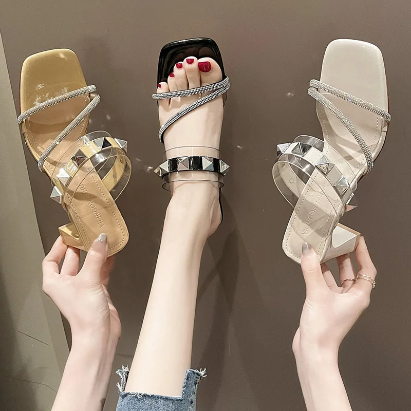 

Shoes Woman's Slippers Glitter Slides Heeled Mules Fashion Rivet 2021 Jelly High Transparent Luxury PU Crystal Hoof Shoes Woman'