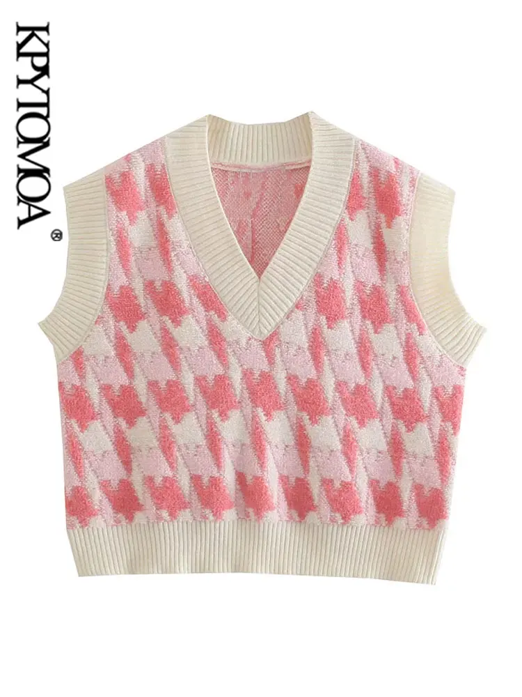 

KPYTOMOA женский модный контрастный жаккардовый Свободный вязаный жилет свитер винтажный женский жилет без рукавов с V-образным вырезом шикарн...