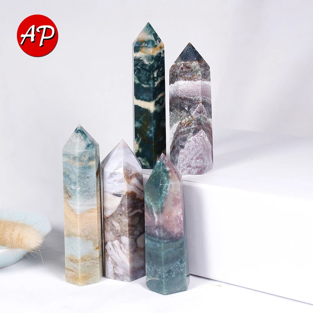 

1PC Natural Ocean Jasper Crystal Point Reiki Healing Quartz Energy Stone Hexagonal Magic Wand Home Decoration