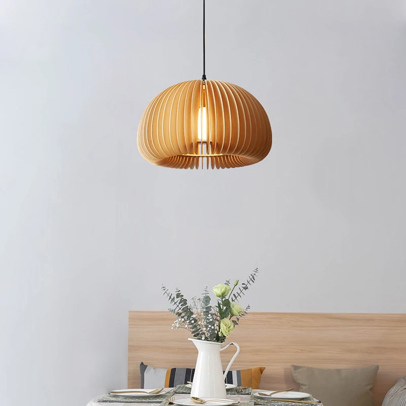 

Wooden Nordic Simple LED Pendant Light Bedroom Study Room Retro Creative Pumpkin Hanging Lamp Restaurant Coffee Shop Fixtures