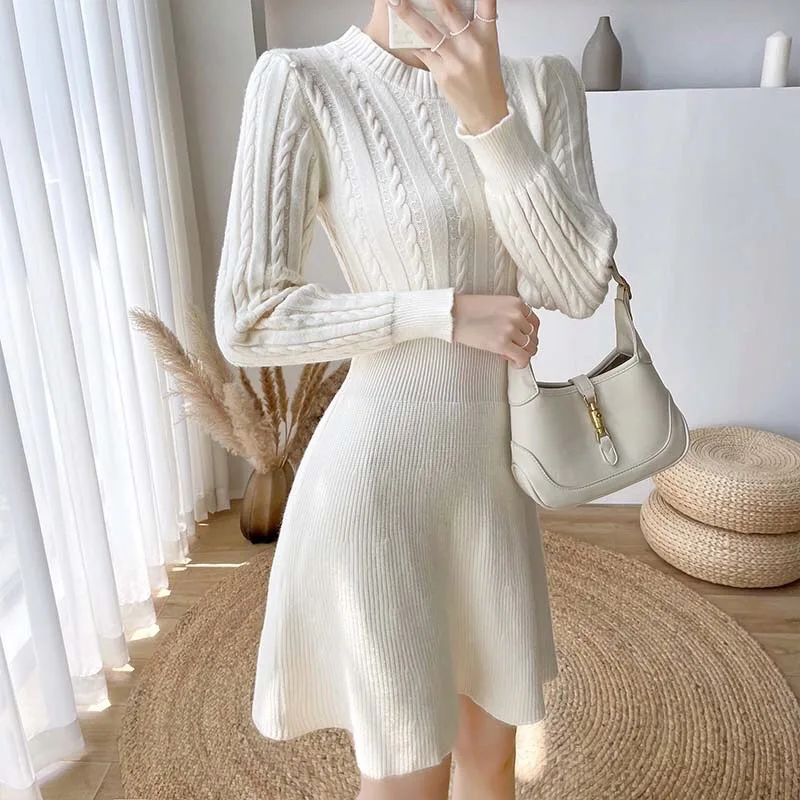 

in stock Autumn Winter Elegant Women Long Sleeve O Neck Knitted Dress Office Ladies High Waist Elastic Dresses Sweater Dress