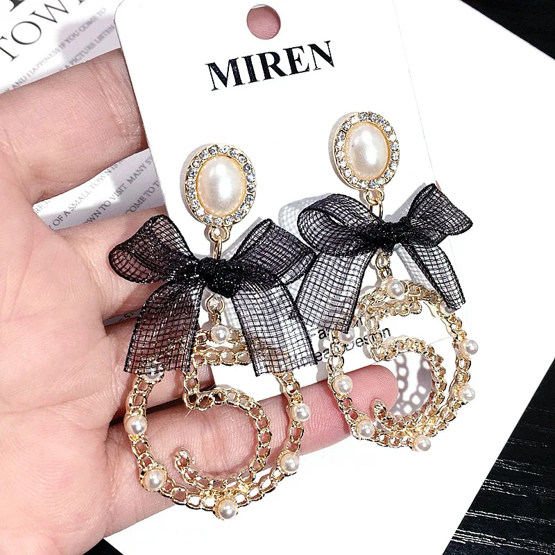 Большие висячие серьги с бантом cc NO.5 длинные жемчугом | Украшения и аксессуары